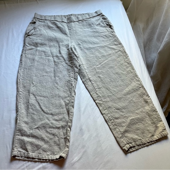 EILEEN FISHER tan organic linen elastic waist straight wide leg cropped pants